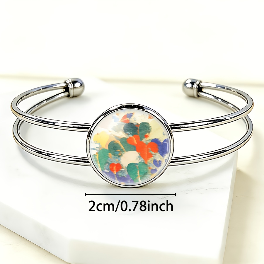 Women's Adjustable Round Time Gemstone Inlaid Bangle with Abstract Art Design